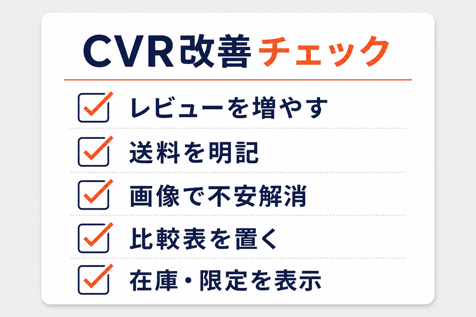 CVR改善チェックリスト（レビュー・送料明記・画像で不安解消・比較表・在庫や限定の表示）の図