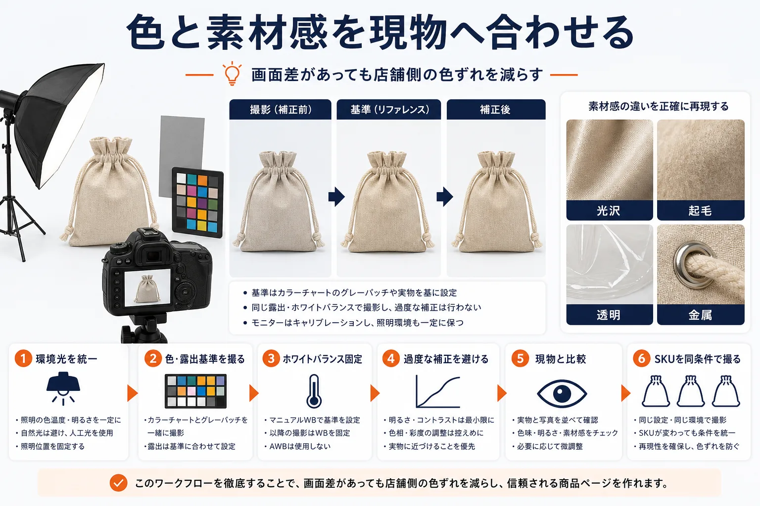 色と素材感を現物へ合わせるを示す図解