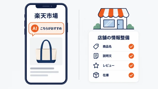 スマートフォンの楽天市場画面でAIが商品をおすすめしている吹き出しと、その横で店舗が商品名・説明文・レビュー・在庫の4つの情報を整備しチェックを付けている図のアイキャッチ