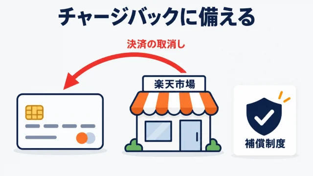 楽天市場のチャージバックに備えることを示したアイキャッチ。楽天市場の店舗からクレジットカードへ「決済の取消し」の赤い矢印が戻り、横に補償制度を表す盾のマークが置かれた図