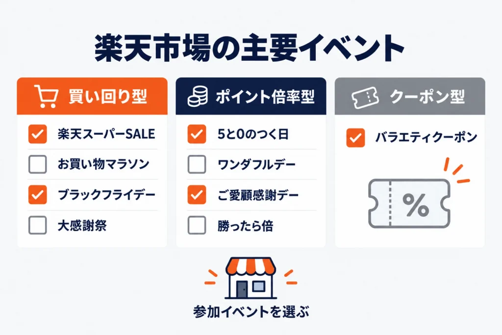 楽天市場のイベント一覧|買い回り・ポイント倍率・クーポンの仕組みの違いと自店に合う選び方