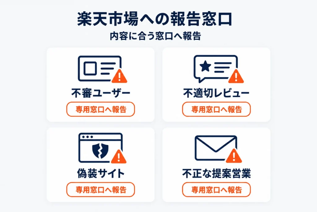 楽天市場への報告窓口｜不審ユーザー・不適切レビュー・偽装サイト・不正営業