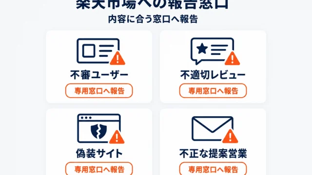 楽天市場への報告窓口のアイキャッチ。「不審ユーザー」「不適切レビュー」「偽装サイト」「不正な提案営業」の4つのカードが並び、それぞれに専用窓口へ報告するボタンが置かれて、内容に合う窓口を選ぶことを示している