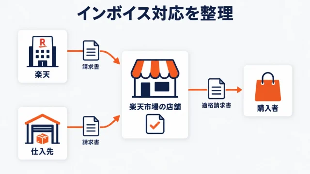 楽天市場の店舗を中心に、楽天からの請求書と仕入先からの請求書が店舗へ届き、店舗から購入者へ適格請求書が渡る3方向の書類の流れを矢印で示したアイキャッチ