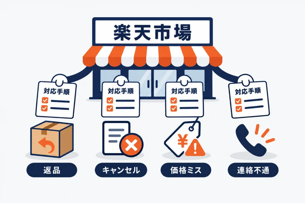 楽天の受注トラブル別の対応手順|注文の覚えがない・受取拒否・長期不在・欠品・価格誤設定・連絡が取れない