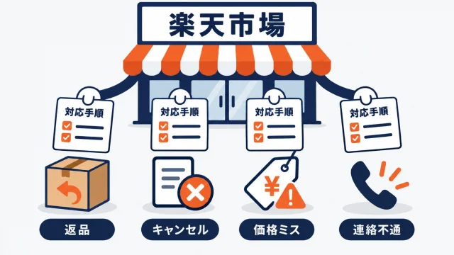 楽天市場の受注トラブル別の対応手順を示したアイキャッチ。楽天市場の店舗から返品・キャンセル・価格ミス・連絡不通の4つのトラブルへ対応手順のチェックリストが伸びている図