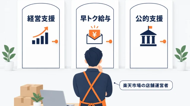 楽天市場の店舗運営者が、経営支援・早トク給与・公的支援と書かれた3つの扉の前でどれを選ぶか考えているアイキャッチ。手前に段ボール箱とノートパソコンが置かれている
