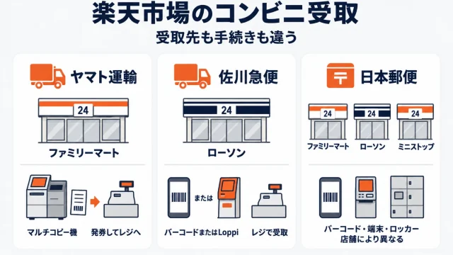 楽天市場のコンビニ受取で、ヤマト運輸・佐川急便・日本郵便の3社が受け取れるコンビニも受け取り手続きも違うことを示したアイキャッチ。ヤマト運輸はファミリーマートでマルチコピー機から発券してレジへ、佐川急便はローソンでバーコードまたはLoppi、日本郵便はファミリーマート・ローソン・ミニストップでバーコードや端末やロッカーと店舗により異なる