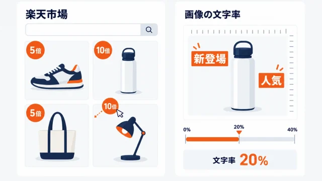 楽天市場の検索結果に並ぶ商品サムネイルの左上にポイント倍率のバッジが付いている様子と、横で1枚目画像のテキスト要素の割合を測る目盛りが20％を指している図のアイキャッチ
