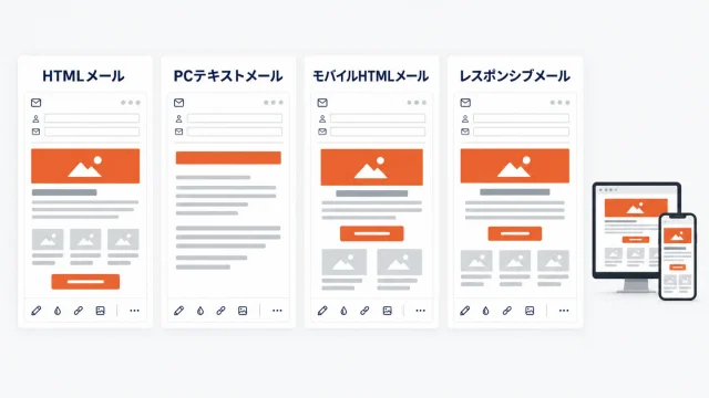 楽天R-MailのHTMLメール・PCテキストメール・モバイルHTMLメール・レスポンシブメールの4形式の編集画面を並べ、PCとスマートフォンでの表示を示した図