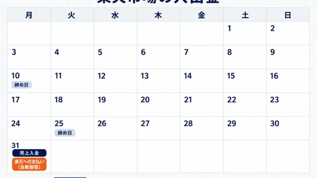 楽天市場の入出金を1か月のカレンダーで示したアイキャッチ。10日と25日に締め日、31日に売上入金と楽天への支払い（自動振替）のラベルが置かれ、カレンダーの下に翌月15日は25日締め分の売上入金と添えている