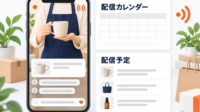 楽天市場ショッピングチャンネルのライブ配信を示したアイキャッチ。スマートフォンの画面でエプロン姿の店舗スタッフ（顔は映さず手元）がマグカップを紹介し、画面下に紹介商品のカードとコメント欄、横に配信カレンダーと配信予定のカードが並ぶ図