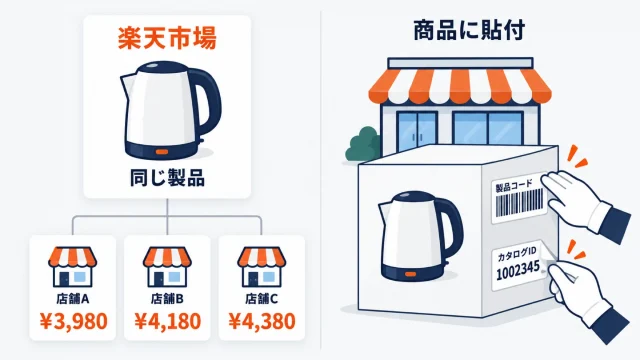 楽天の商品価格ナビの仕組みを示したアイキャッチ。左は同じ製品の電気ケトルが店舗A・B・Cに例示価格で横並びに表示される図、右は店舗が商品の箱に製品コードのバーコードとカタログIDのラベルを貼り付けている図