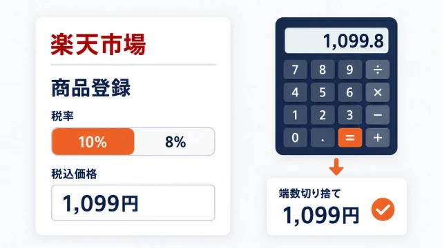 楽天市場の商品登録画面を模したカードに税率10％と8％の切り替えと税込価格1,099円の欄があり、横の電卓に表示された1,099.8の端数を切り捨てて1,099円になることを示したアイキャッチ