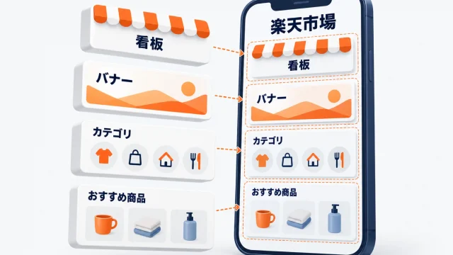 スマートフォンに表示された楽天市場の店舗トップページに、看板・バナー・カテゴリ・おすすめ商品のパーツが左の積み木のようなカードから順に組み込まれていくことを示したアイキャッチ