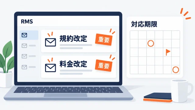 楽天サポートニュースの確認運用を示したアイキャッチ。ノートPCのRMS画面に楽天からの規約改定・料金改定のお知らせが「重要」の札付きで並び、横の対応期限のカレンダーに丸と旗の印が付いている図