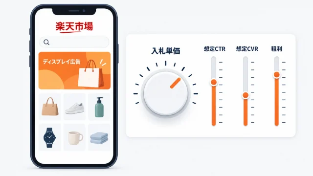 楽天TDAの入札単価の決め方を示したアイキャッチ。楽天市場アプリの画面に表示されたディスプレイ広告のバナーと、その横に入札単価のダイヤルと想定CTR・想定CVR・粗利の3本のスライダーが並ぶ図