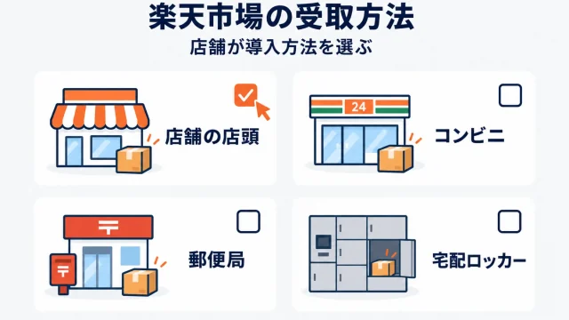 楽天市場の受取方法を店舗が選ぶことを示したアイキャッチ。店舗の店頭・コンビニ・郵便局・宅配ロッカーの4つのカードが並び、そのうち1つにチェックが入っている