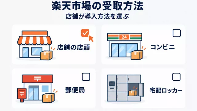 楽天市場の受取方法を店舗が選ぶことを示したアイキャッチ。店舗の店頭・コンビニ・郵便局・宅配ロッカーの4つのカードが並び、そのうち1つにチェックが入っている