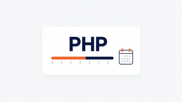 PHPの文字の下にバージョンを示す目盛りのバーとカレンダーのアイコンを置いたイラスト