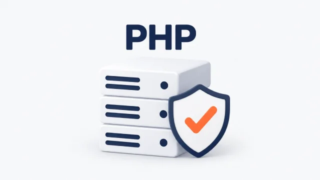 PHPと書かれたサーバーの前に、チェックマーク入りの盾が置かれたイラスト