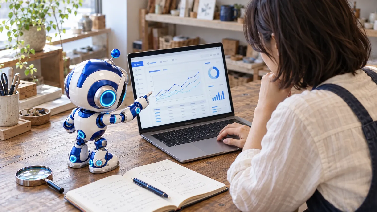 肩越しに見たPC画面を、女性店長と公式ロボットが一緒に確認する