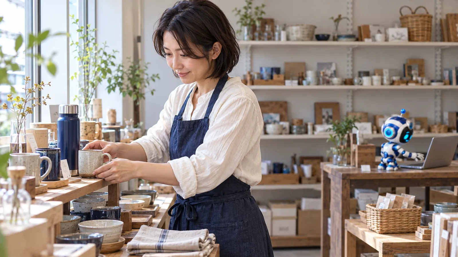 窓辺で商品の並べ方を整える女性店長。奥ではロボットがPCで確認を続けている