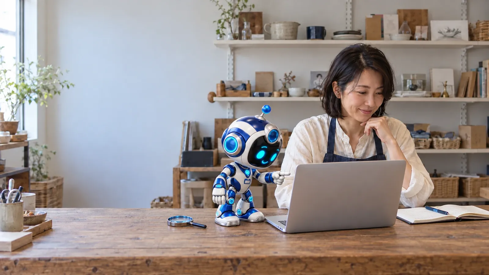 明るい店内で女性店長と公式ロボットが同じPC画面を確認する