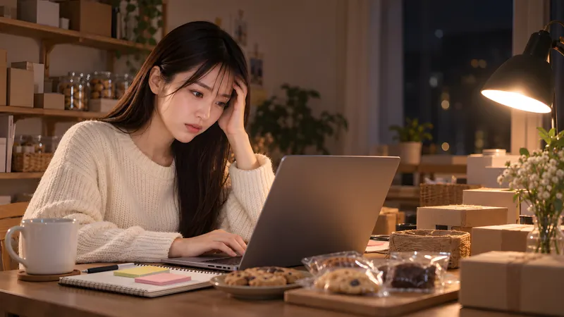 夜遅く、自宅の机でパソコンに向かい、少し疲れた様子の楽天ショップの店主