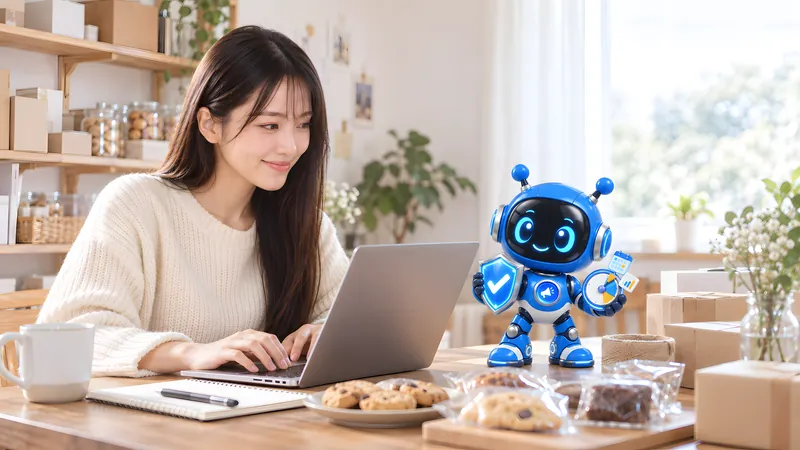 パソコンの横に立つラクアドのロボットを見て、ほっとした表情の店主