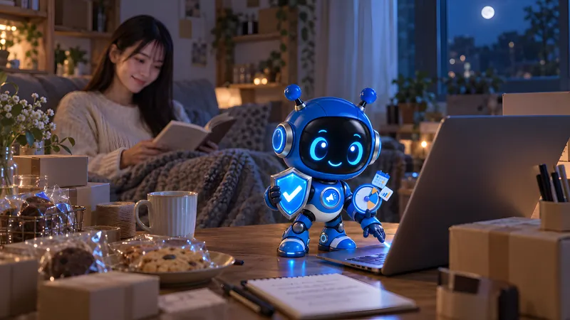 夜、店主がソファでくつろぐあいだ、机のロボットがパソコンで作業している