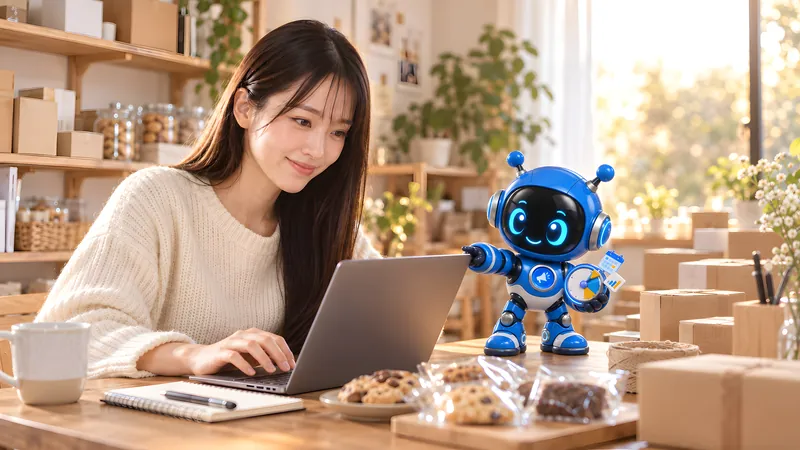 ロボットが画面を指して手伝い、店主がパソコンで設定をしている