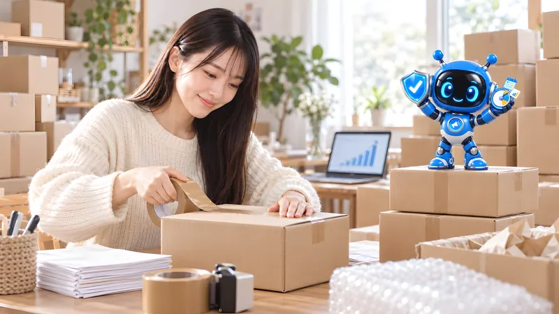 注文が続く中、笑顔で荷物に封をする店主と、積み上がった出荷待ちの箱の上で喜ぶロボット