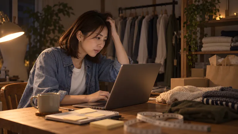 夜、アトリエの仕事机でノートパソコンに向かい、返信が溜まって困った表情の洋服のネットショップの店主