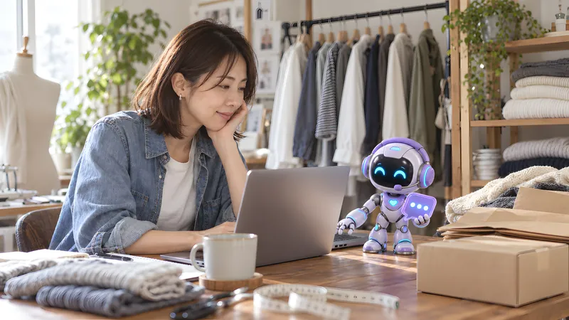 ノートパソコンの横で返信を書く小さなロボットを見て、ほっとした表情の店主