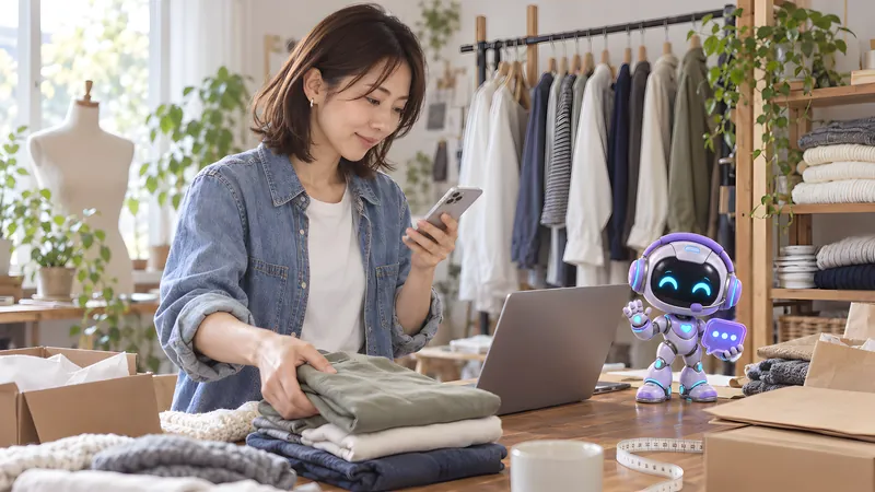 朝、服をたたみながらスマートフォンでお知らせを確かめて安心する店主と、机の上のロボット