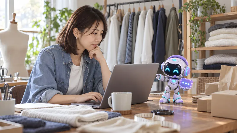 ロボットが画面を指し示し、店主がノートパソコンで返信の下書きを確かめている
