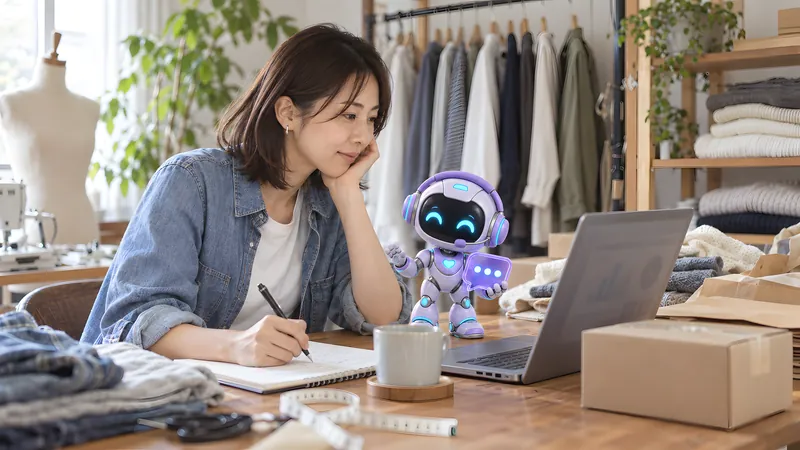 ノートパソコンのレポートを見ながら、商品の服の改善点をノートにメモする店主