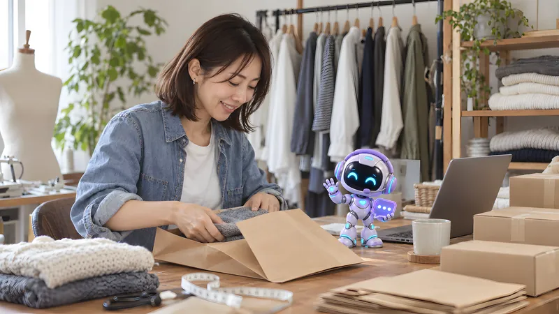 笑顔で服を紙袋に詰めて出荷する店主と、机の上で手を振るロボット