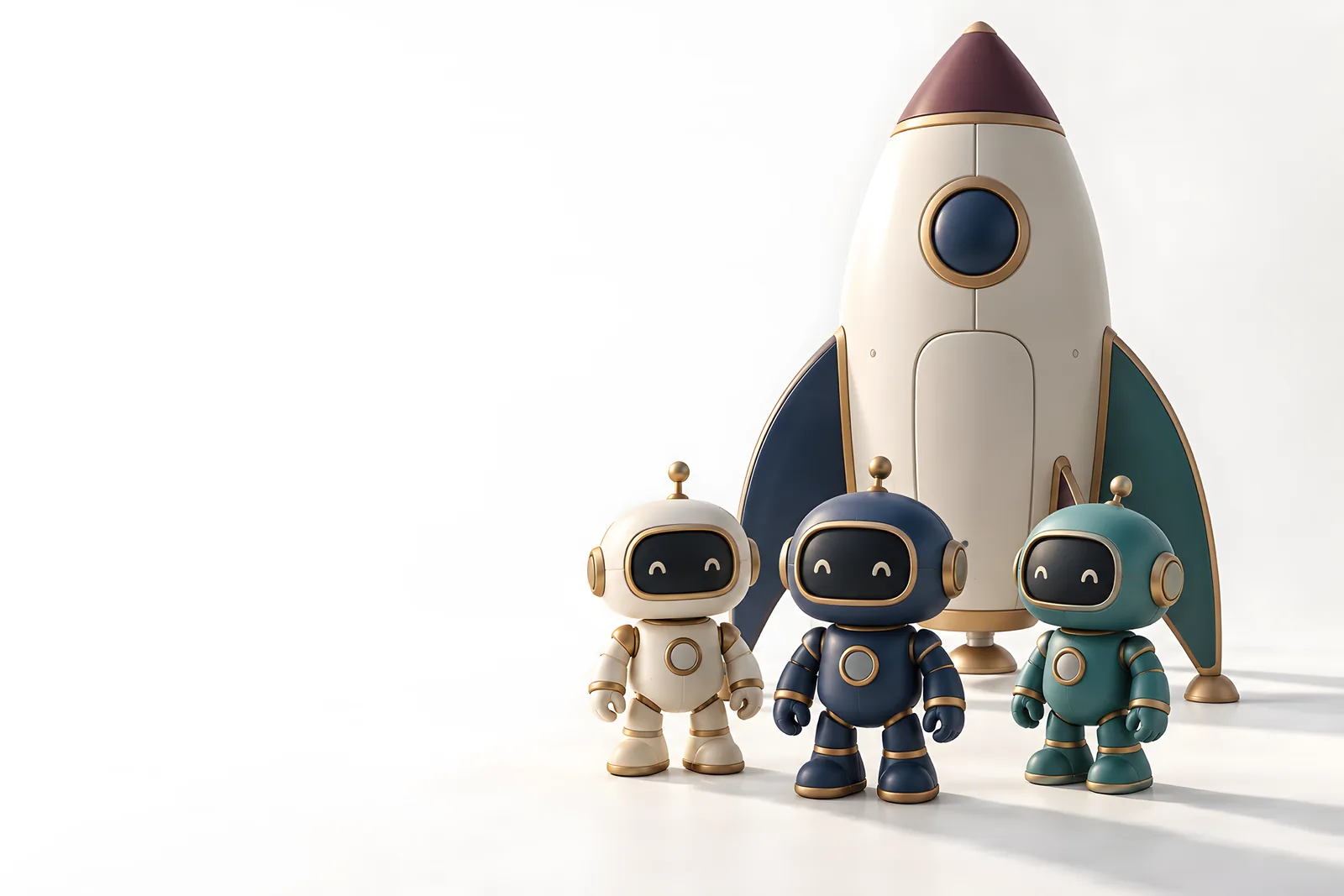 出発を待つ3体のAIロボットとAIロケット