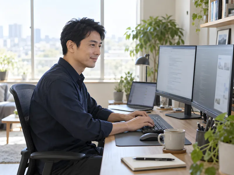 自宅の書斎でコードを書く男性