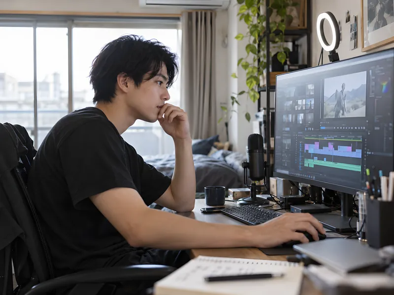 自宅で動画を編集する男性