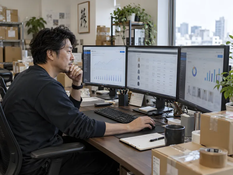複数の画面でECの管理画面を見比べる男性