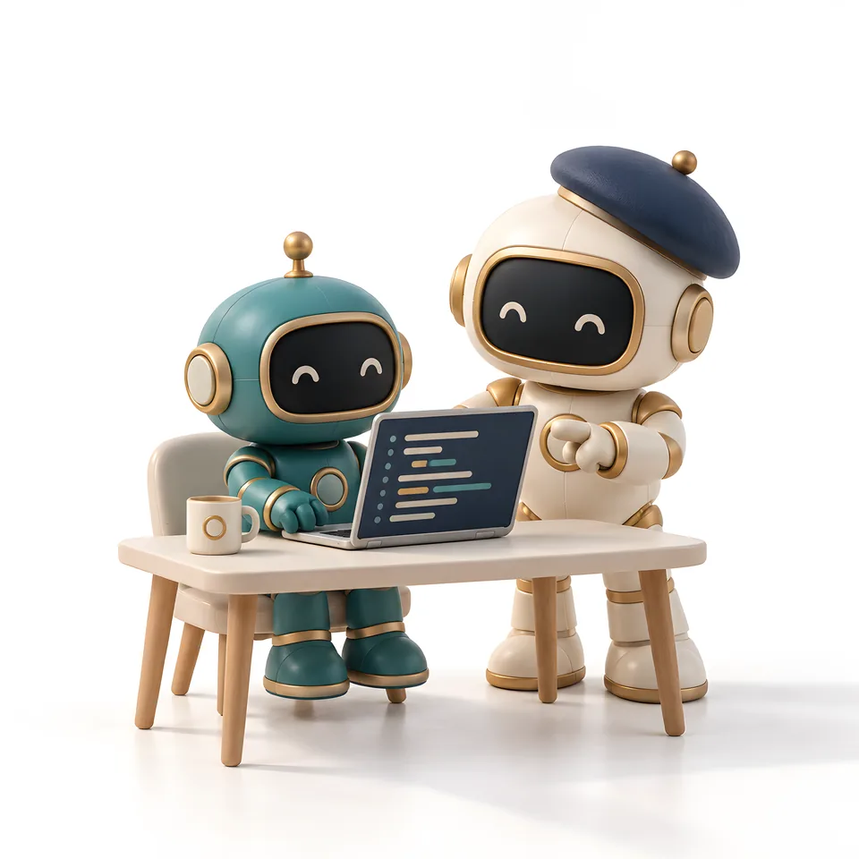 机でノートPCに向かうロボットに、ベレー帽のロボットが教えている