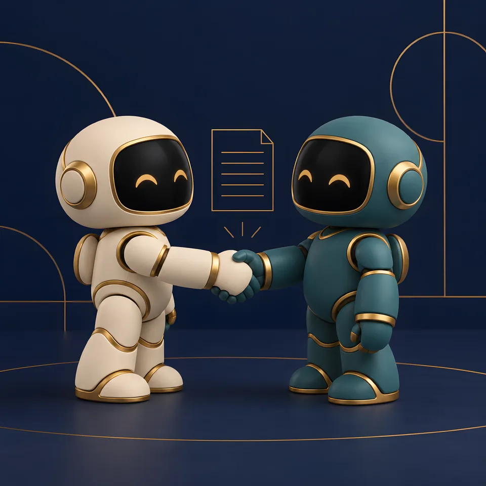 紺の地で握手する2体のAIロボットと金の線で描かれた契約書