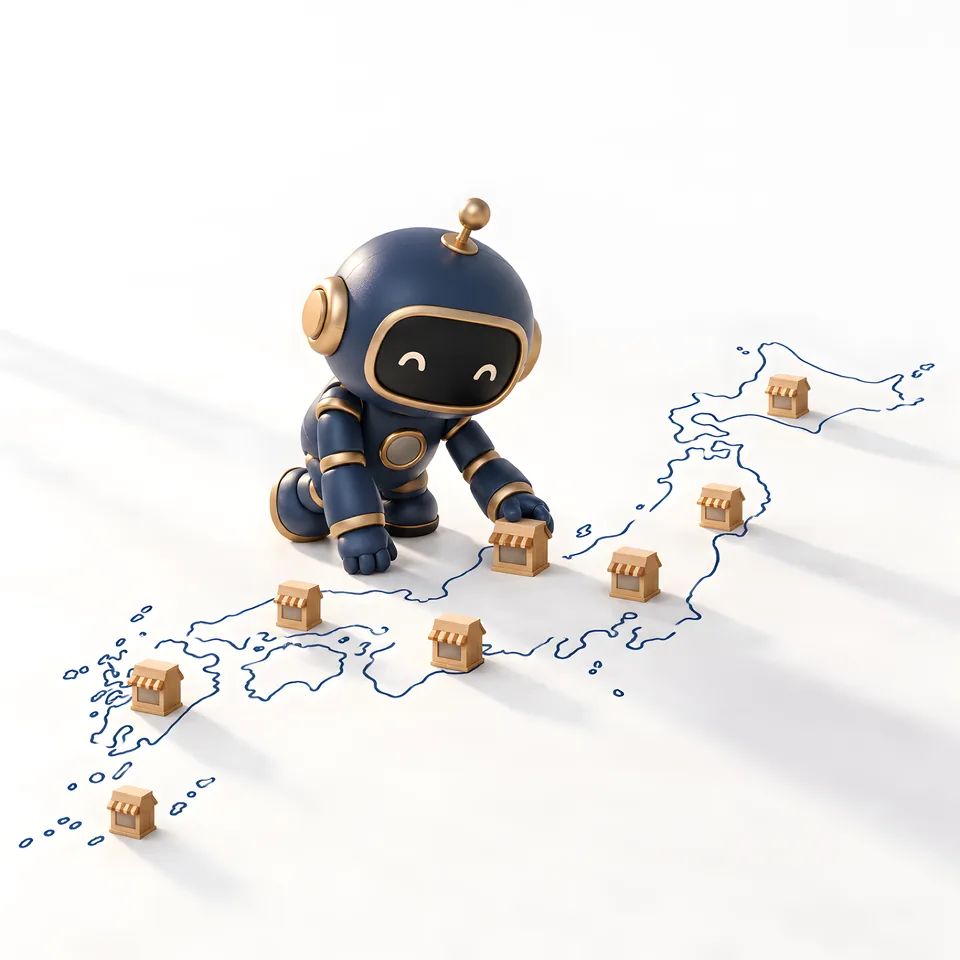 日本列島の上に店の模型を置いていくAIロボット