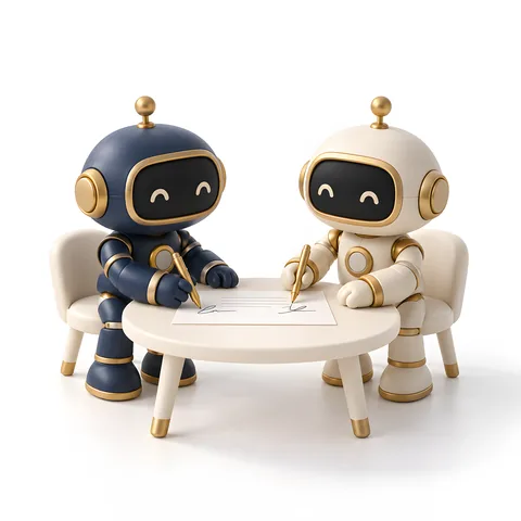 1枚の紙に一緒にサインする2体のAIロボット